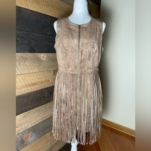 BCBGMAXAZRIA Faux Suede Brown Fringe Zip Front Western Dress Size 10 New!